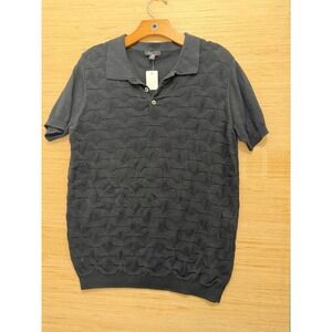 Postmarc Mens Black Geometric Textured Knit Short Sleeve Polo Shirt Size S